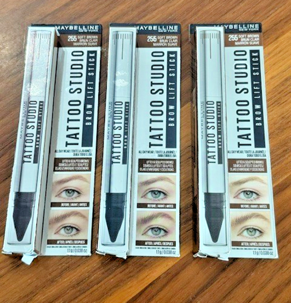 Maybelline Tattoo Studio Brow Lift Stick 255 SOFT BROWN Eyebrow Makeup 3PK